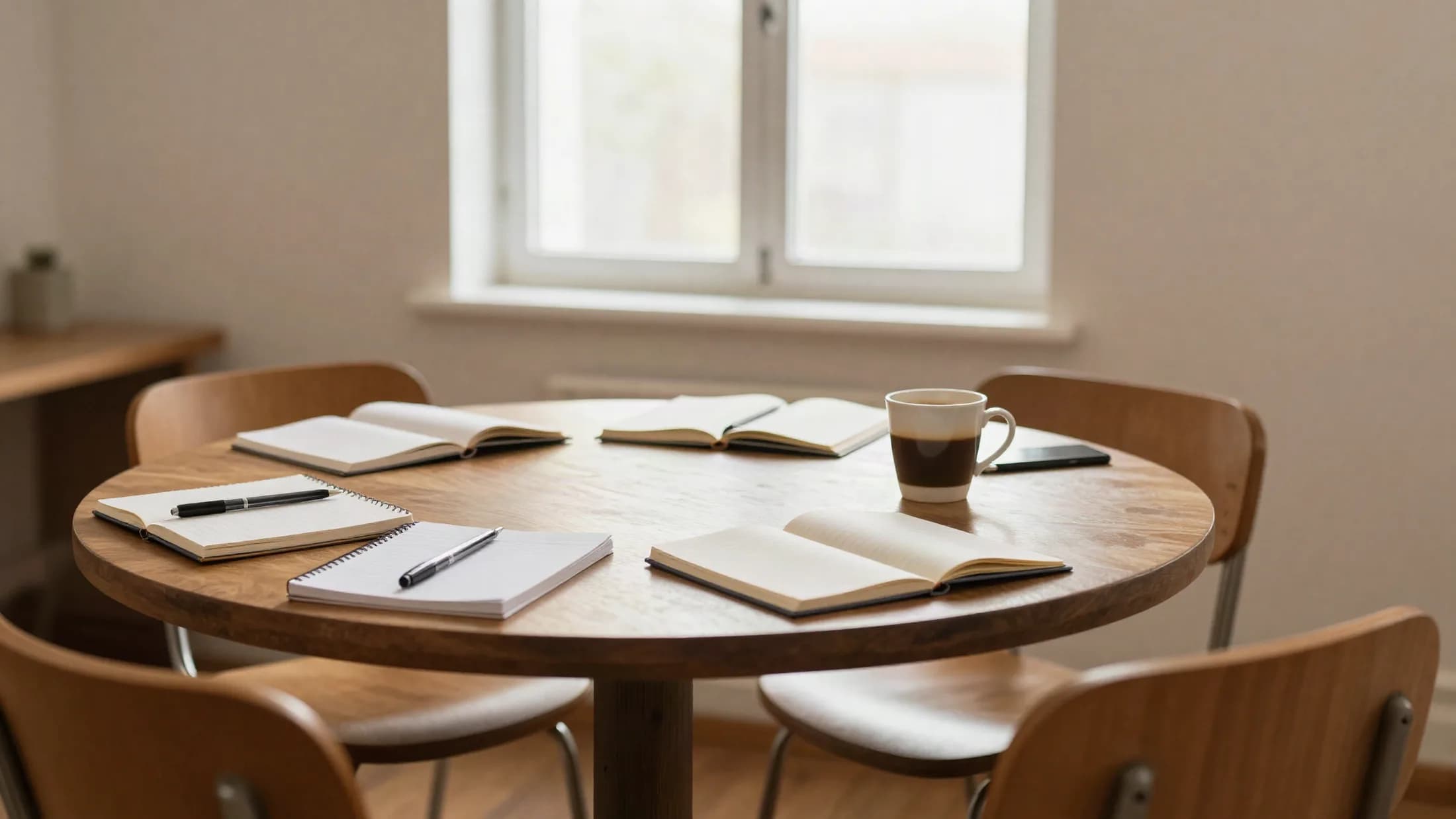 Mesa redonda de estudo com cadernos abertos e cadeiras ao redor, iluminada pela janela